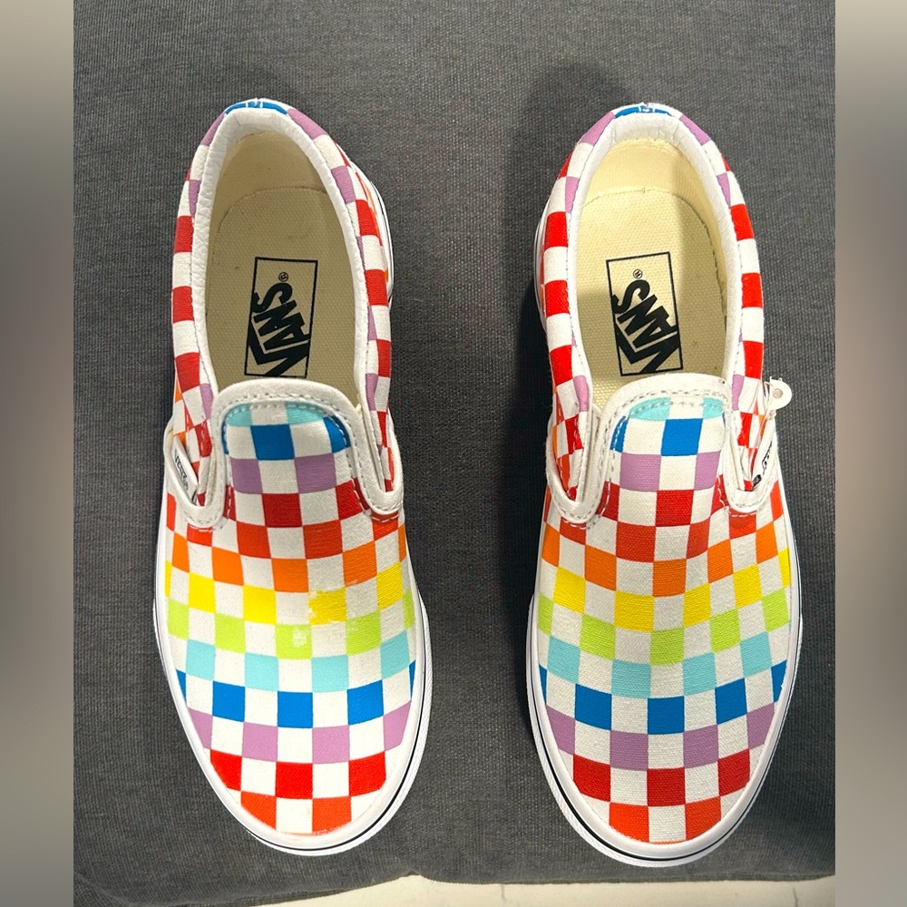 Kids, Vans Rainbow Checkerboard Slip-on Sneakers, 1
